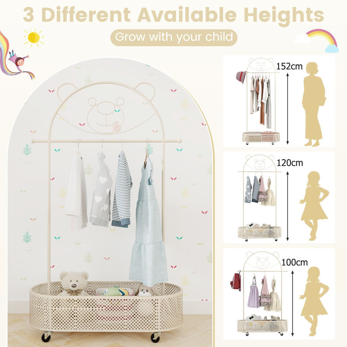 LIVSK Verstelbaar Kinderkledingrek - Metaal Frame - 3 Hoogtes - 4 Wielen - Berenmotief - 81 x 34 x 182/150/130 cm - Wit