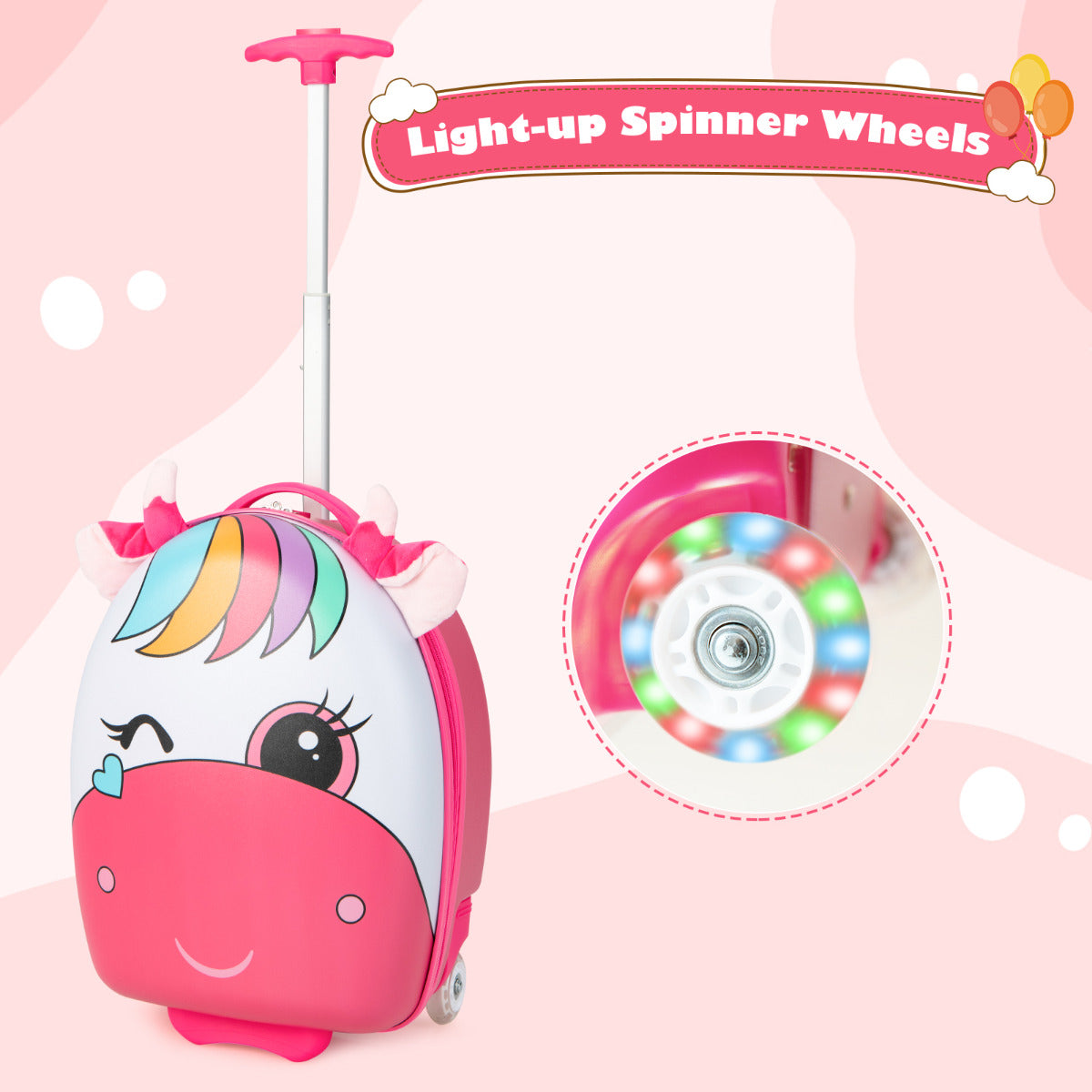 LIVSK Kindertrolley met Dierenpatroon - Verstelbaar Handvat - Krasbestendig - LED Wielen - 33 x 22 x 45 cm - Roze+Wit