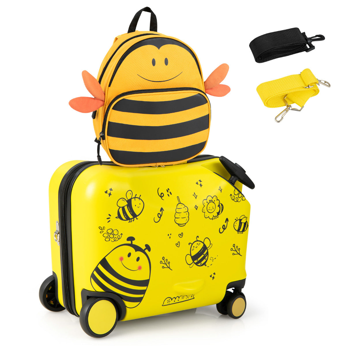 LIVSK Kinderbagageset met Bijenthema - 18 inch Koffer en 12 inch Rugzak - 50 kg Draagvermogen - Voor Kinderen - Geel