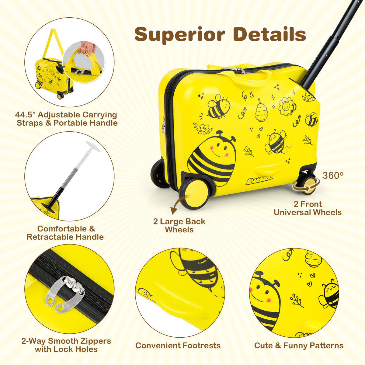 LIVSK Kinderbagageset met Bijenthema - 18 inch Koffer en 12 inch Rugzak - 50 kg Draagvermogen - Voor Kinderen - Geel