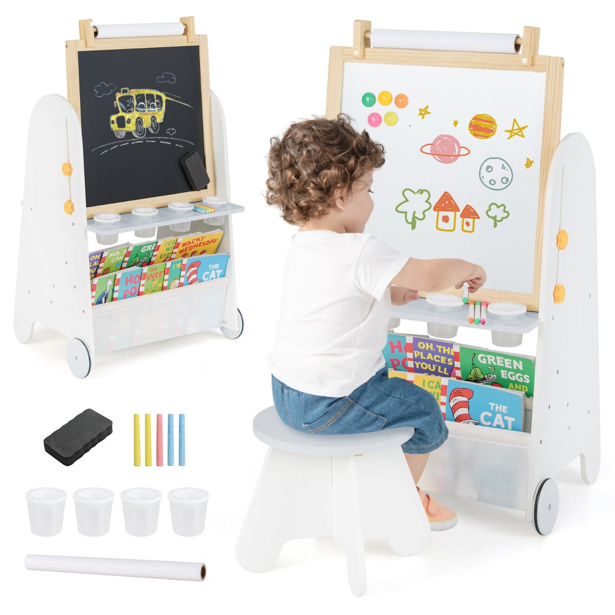 LIVSK Activiteitentafel 4-in-1 - Dubbelzijdig Magneetbord & Krijtbord - Inclusief Verf en Krijt - Verstelbare Hoogte - Grijs