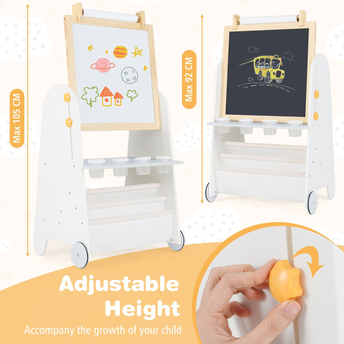 LIVSK Activiteitentafel 4-in-1 - Dubbelzijdig Magneetbord & Krijtbord - Inclusief Verf en Krijt - Verstelbare Hoogte - Grijs