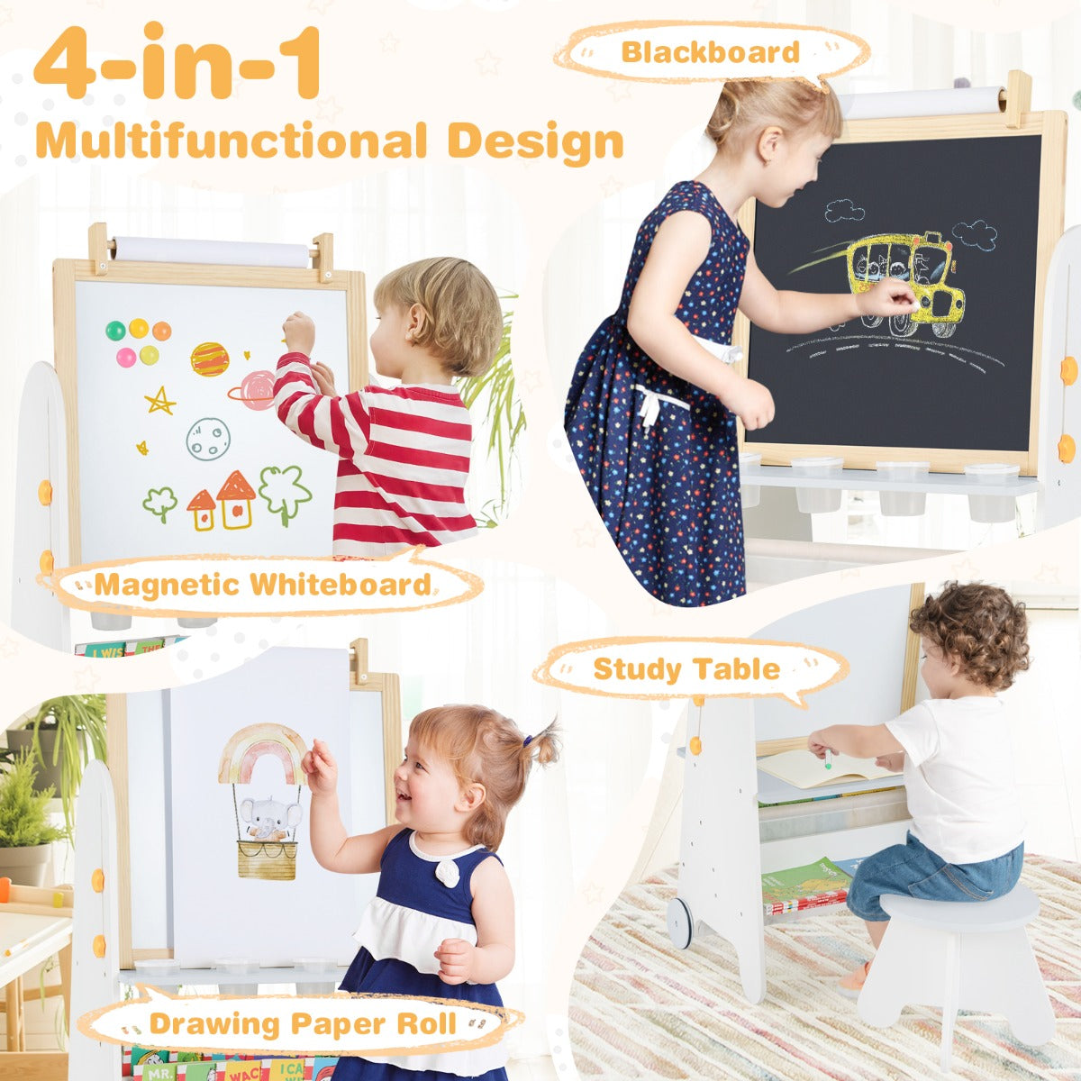 LIVSK Activiteitentafel 4-in-1 - Dubbelzijdig Magneetbord & Krijtbord - Inclusief Verf en Krijt - Verstelbare Hoogte - Grijs
