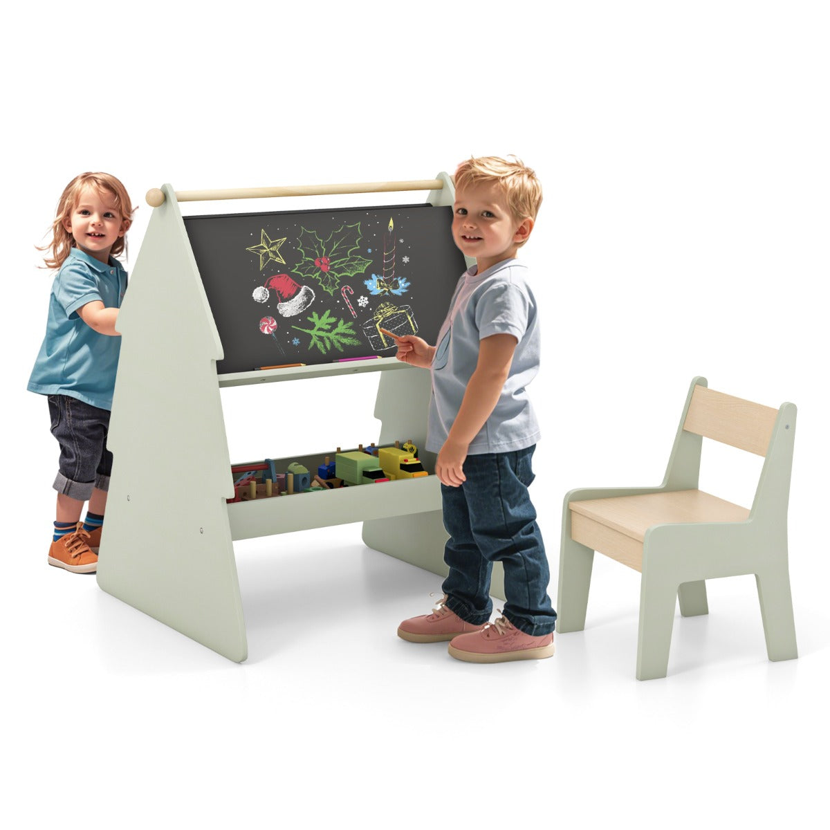 LIVSK 2-in-1 Kunstezel met Krukje - Dubbelzijdig Krijtbord - Papierrolhouder - Veilig en Stabiel - Voor Kinderen - Groen +