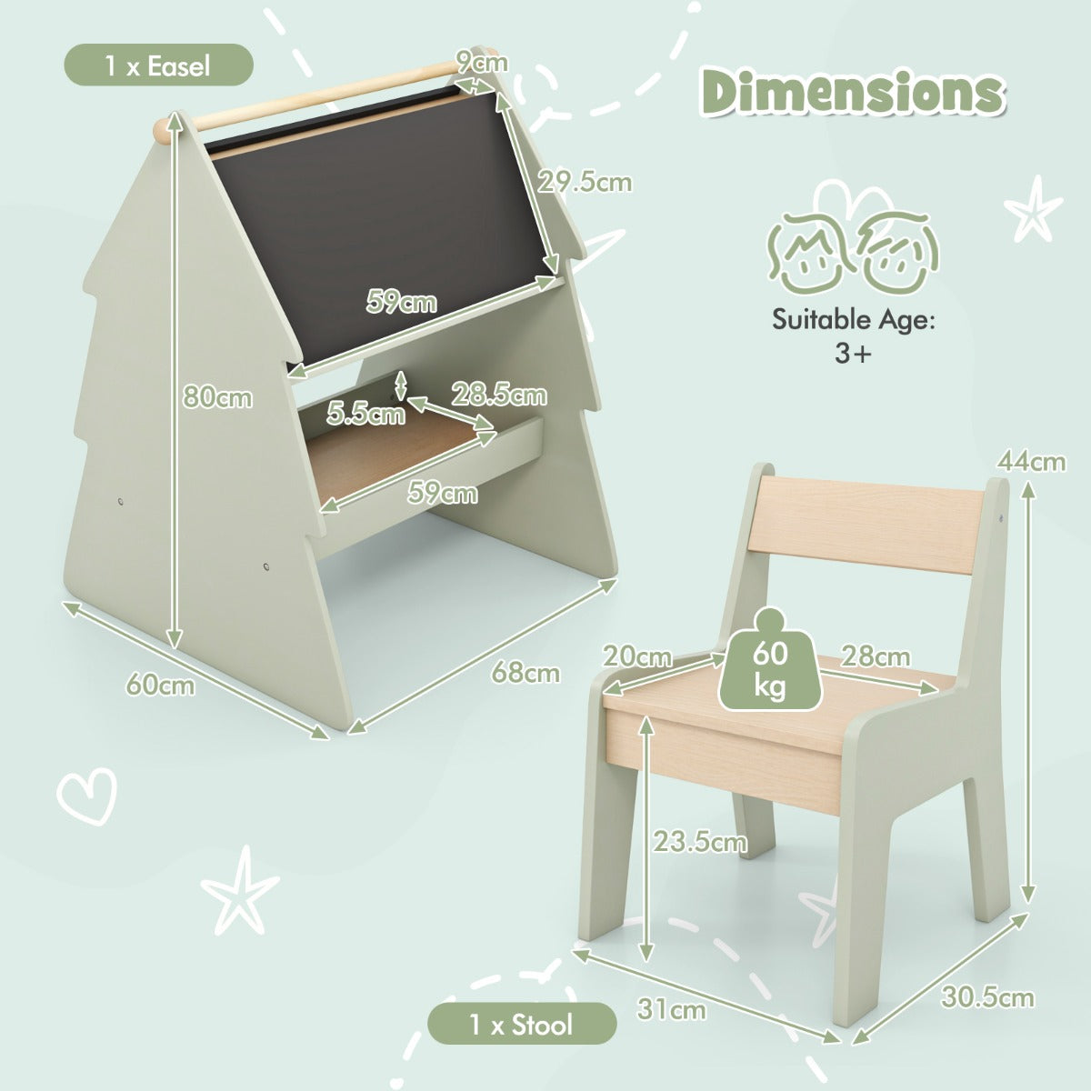 LIVSK 2-in-1 Kunstezel met Krukje - Dubbelzijdig Krijtbord - Papierrolhouder - Veilig en Stabiel - Voor Kinderen - Groen +