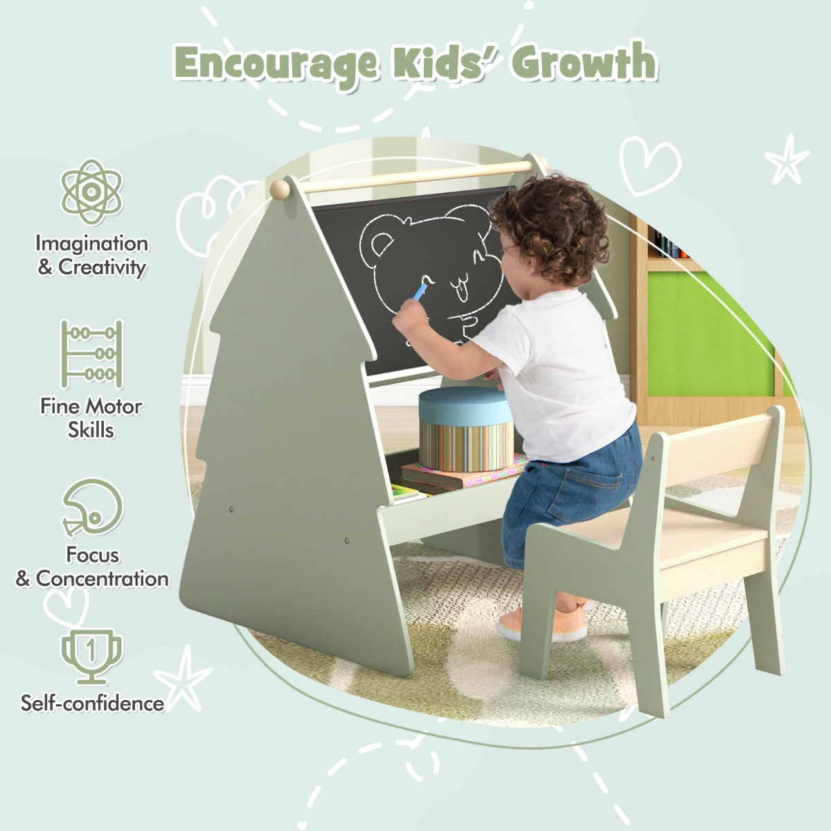LIVSK 2-in-1 Kunstezel met Krukje - Dubbelzijdig Krijtbord - Papierrolhouder - Veilig en Stabiel - Voor Kinderen - Groen +