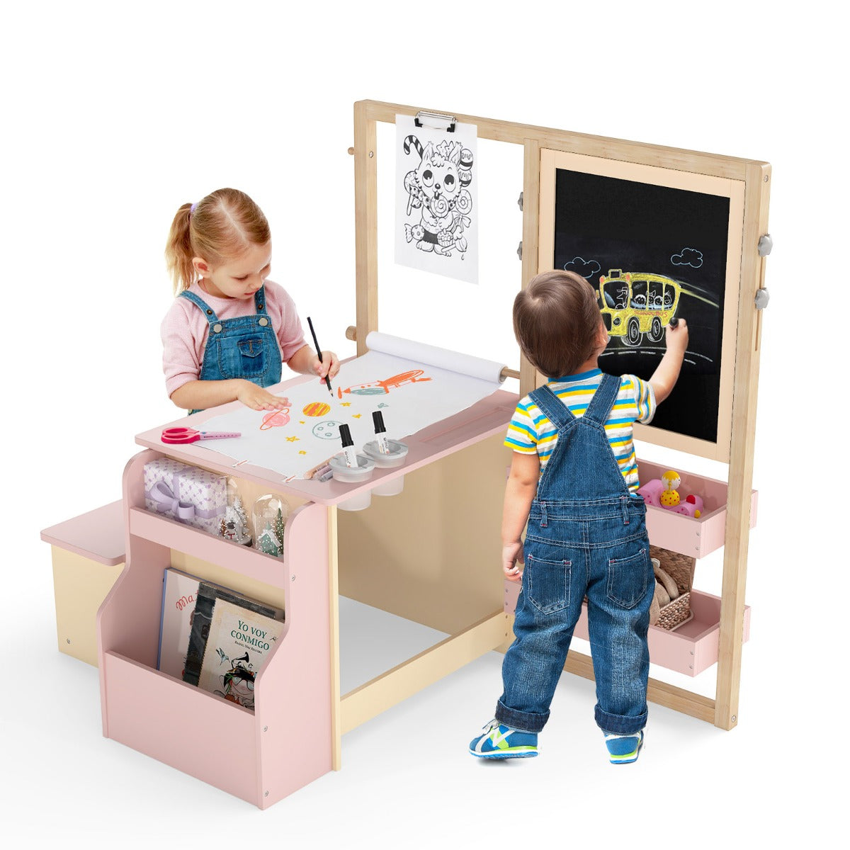 Livsk costway kinderkunstschildersezel met bureau en kruk multifunctioneel houten kunstcentrum met omkeerbare schildersezel