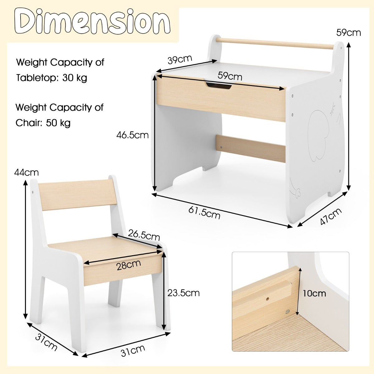 LIVSK 3-in-1 Kindertafel en Stoelset - Afneembaar Tafelblad - Whiteboard en Schoolbord - Geïntegreerde Opbergruimte - Natuurlijk