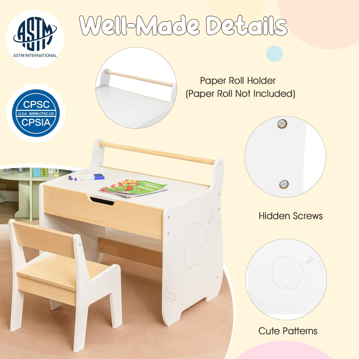 LIVSK 3-in-1 Kindertafel en Stoelset - Afneembaar Tafelblad - Whiteboard en Schoolbord - Geïntegreerde Opbergruimte - Natuurlijk