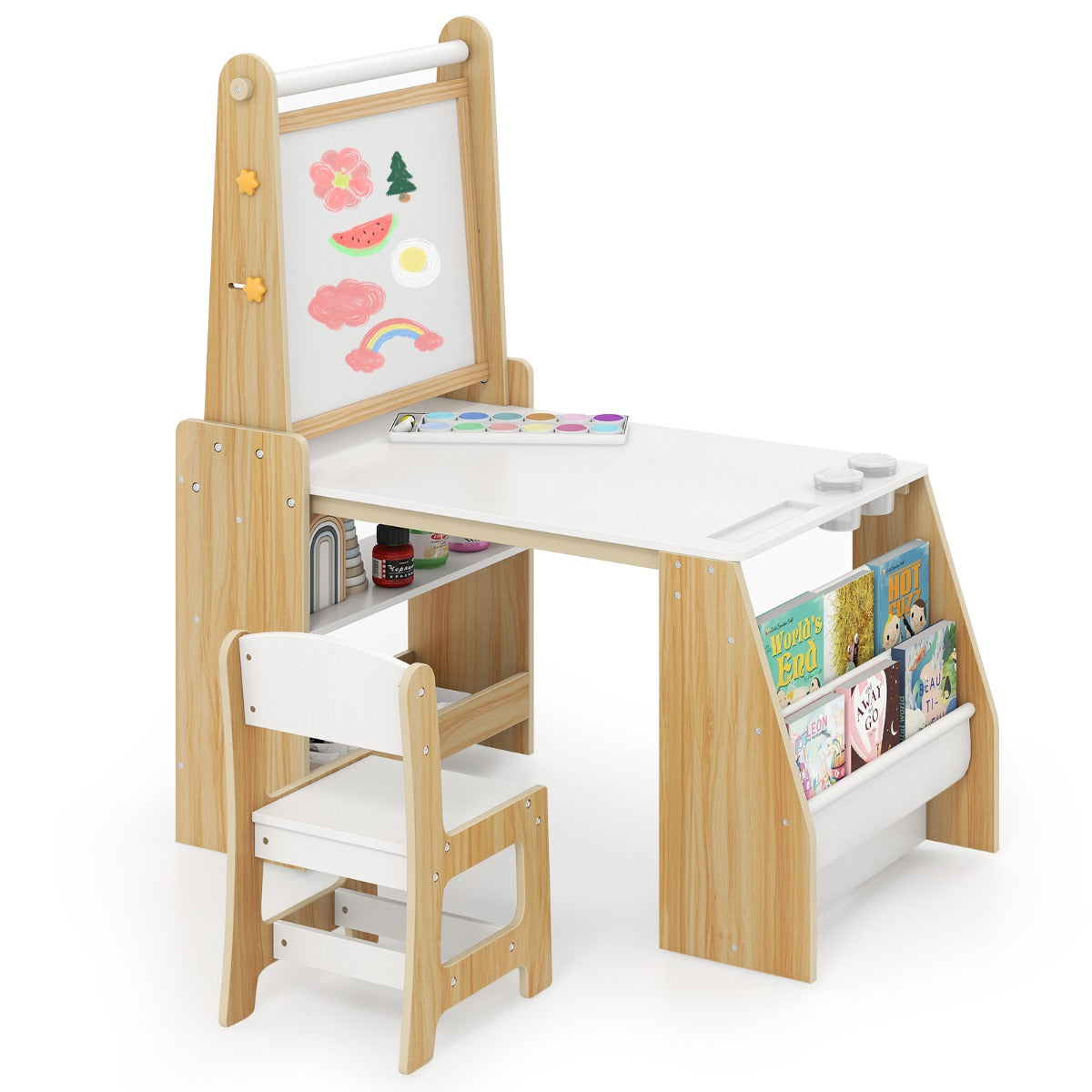 LIVSK Multifunctionele Kindertafel- en Stoelset - Inclusief Ezel met Whiteboard & Schoolbord - Ergonomisch - Natuurlijk + Wit