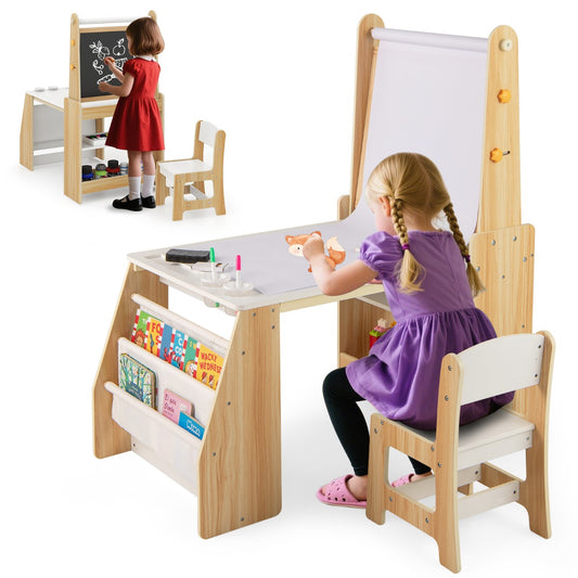 LIVSK Multifunctionele Kindertafel- en Stoelset - Inclusief Ezel met Whiteboard & Schoolbord - Ergonomisch - Natuurlijk + Wit