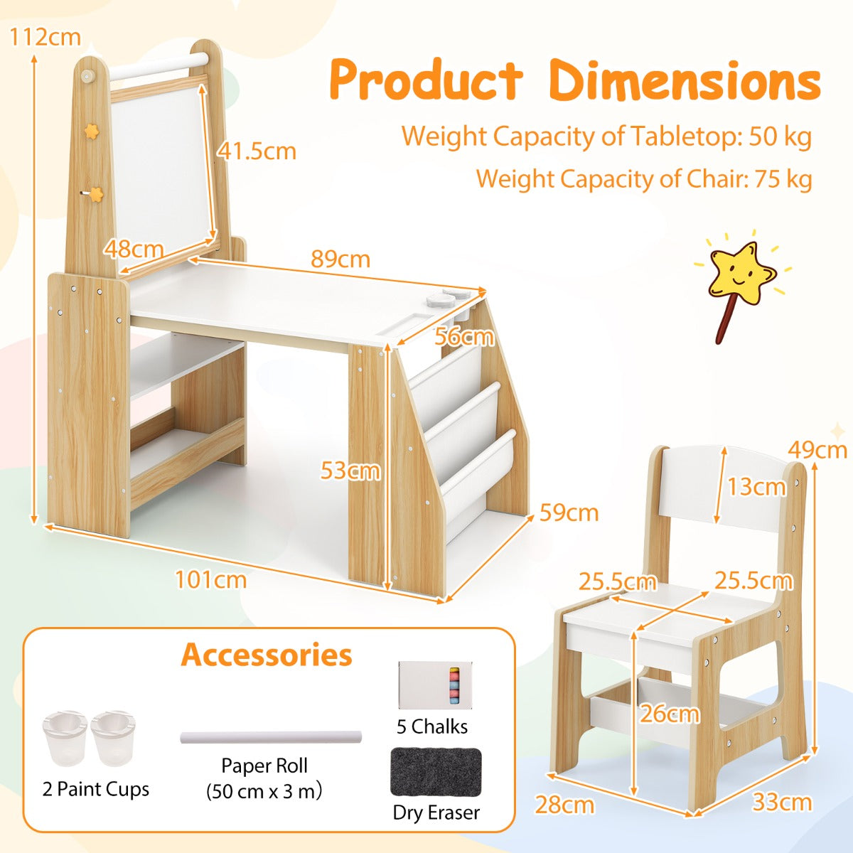 LIVSK Multifunctionele Kindertafel- en Stoelset - Inclusief Ezel met Whiteboard & Schoolbord - Ergonomisch - Natuurlijk + Wit