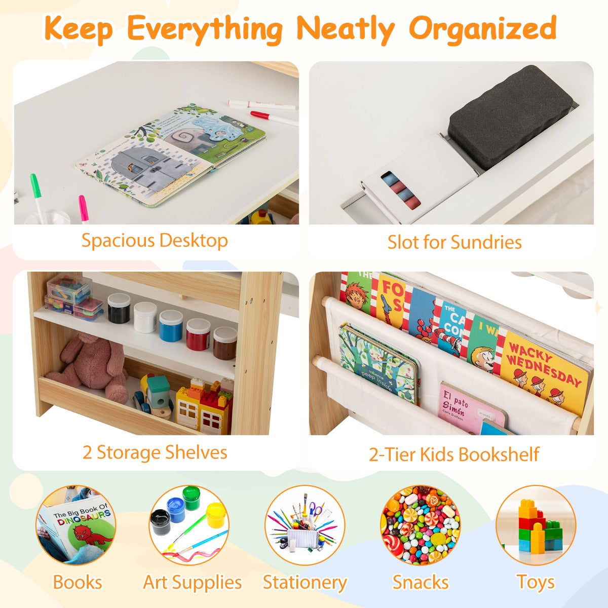 LIVSK Multifunctionele Kindertafel- en Stoelset - Inclusief Ezel met Whiteboard & Schoolbord - Ergonomisch - Natuurlijk + Wit