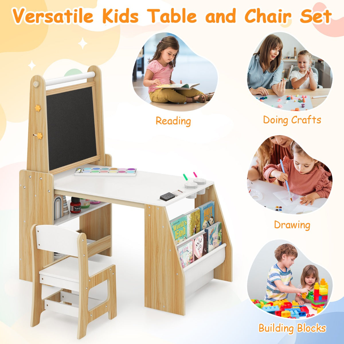 LIVSK Multifunctionele Kindertafel- en Stoelset - Inclusief Ezel met Whiteboard & Schoolbord - Ergonomisch - Natuurlijk + Wit
