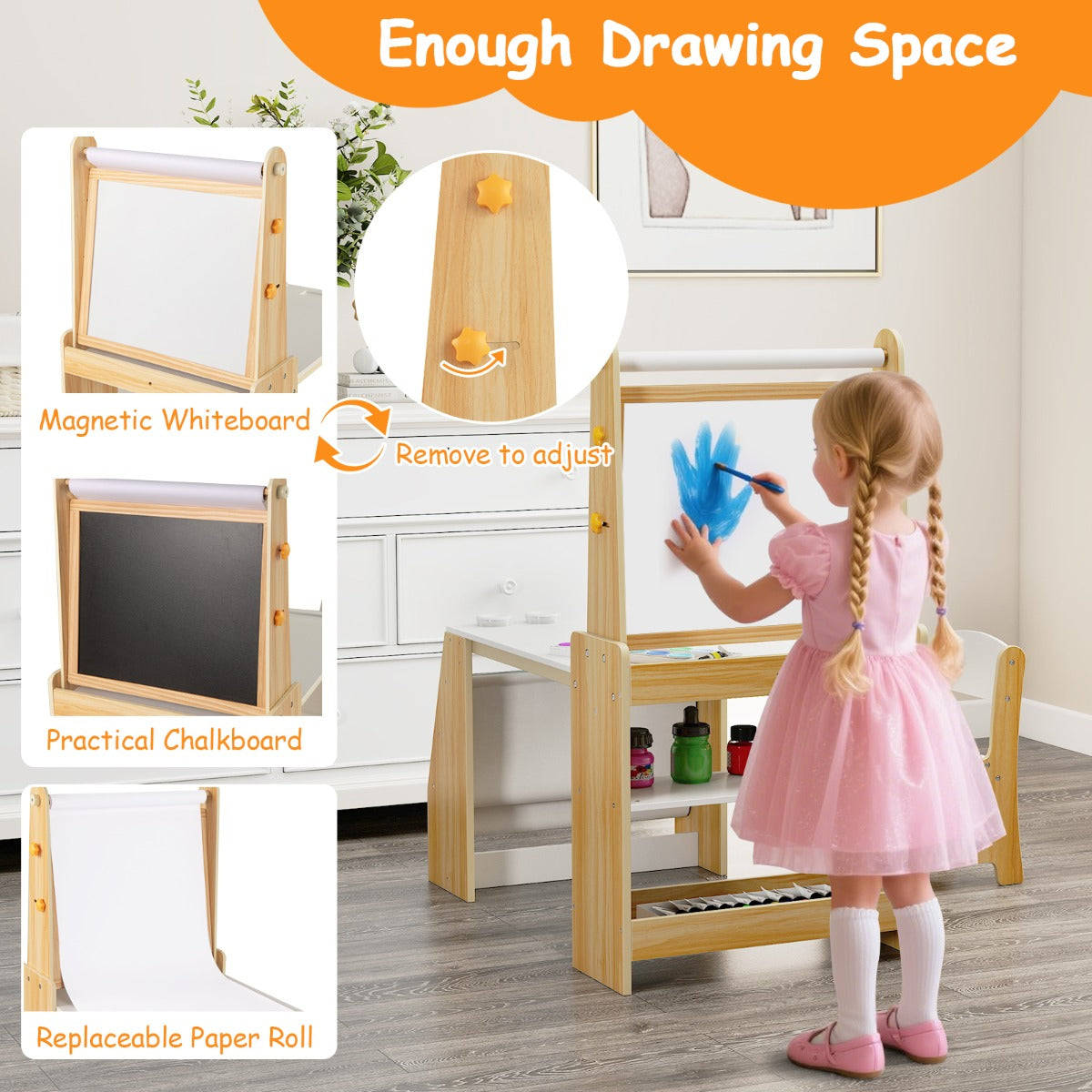 LIVSK Multifunctionele Kindertafel- en Stoelset - Inclusief Ezel met Whiteboard & Schoolbord - Ergonomisch - Natuurlijk + Wit