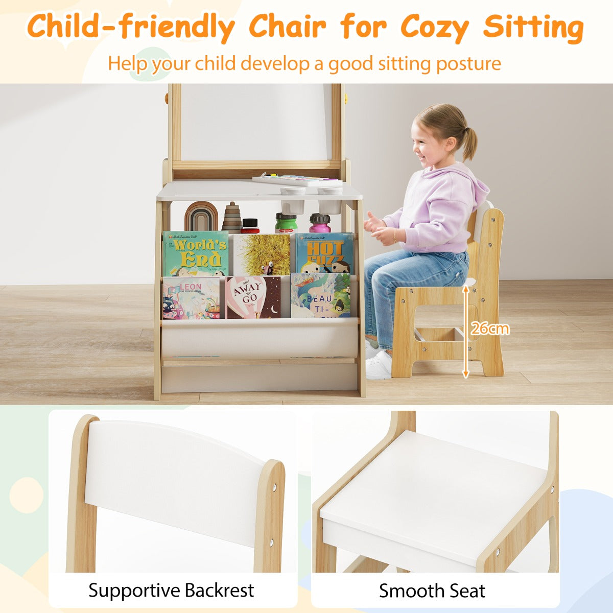 LIVSK Multifunctionele Kindertafel- en Stoelset - Inclusief Ezel met Whiteboard & Schoolbord - Ergonomisch - Natuurlijk + Wit