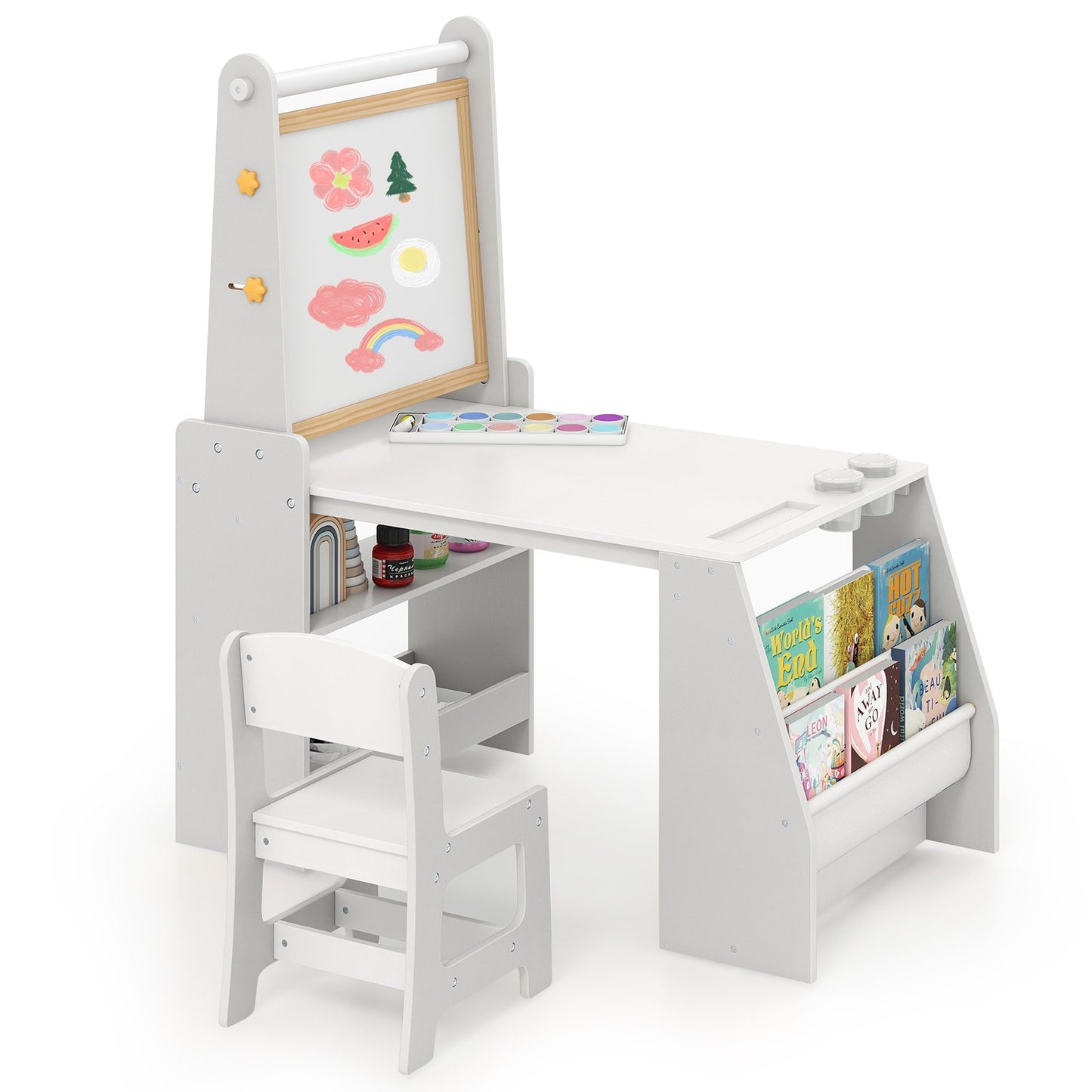 LIVSK Kinderkunsttafel en Stoelen Set - Dubbelzijdige Ezel met Whiteboard en Krijtbord - Ergonomische Stoel - Grijs