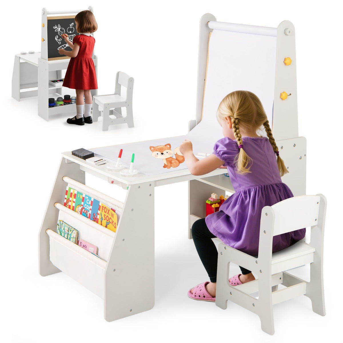 LIVSK Kinderkunsttafel en Stoelen Set - Dubbelzijdige Ezel met Whiteboard en Krijtbord - Ergonomische Stoel - Grijs