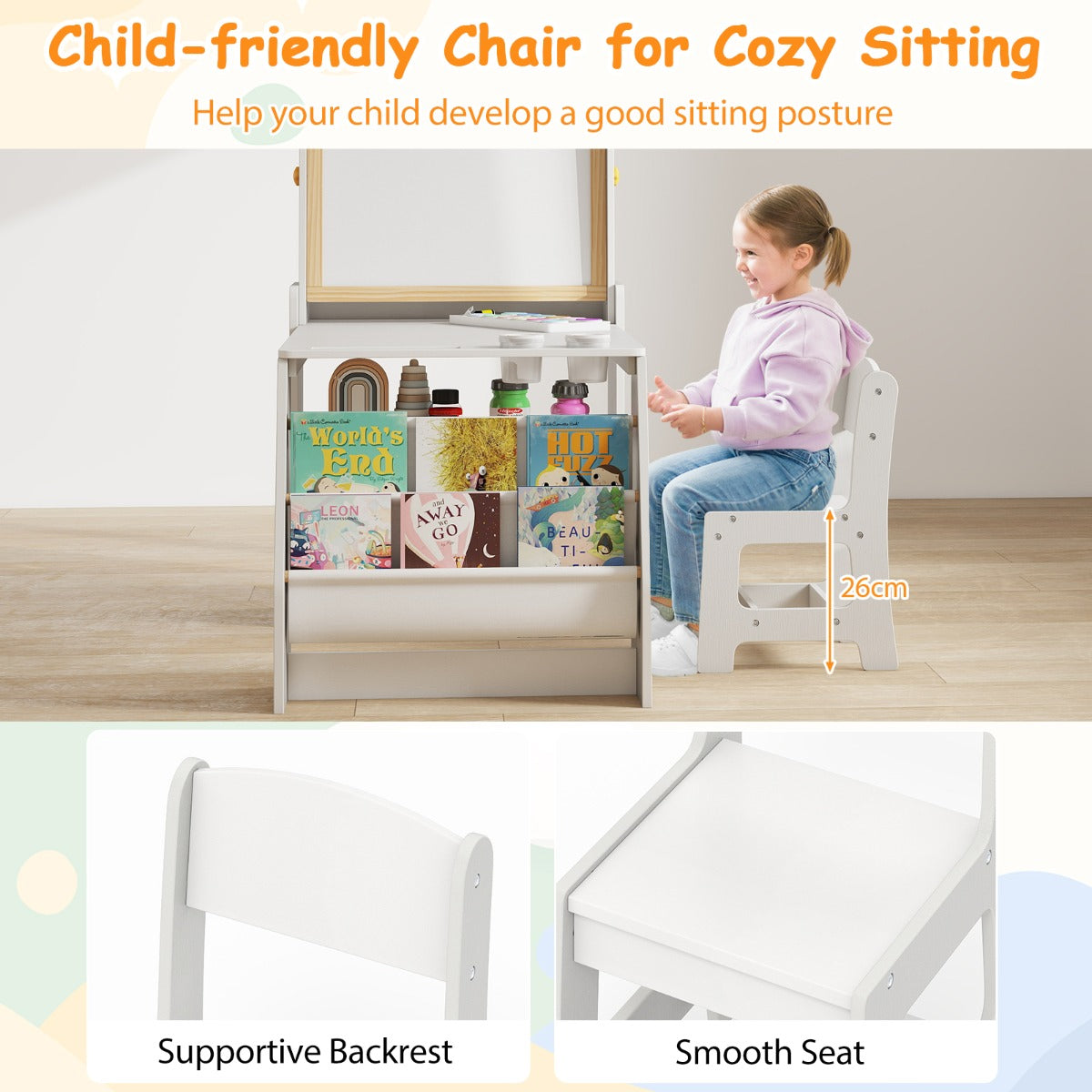 LIVSK Kinderkunsttafel en Stoelen Set - Dubbelzijdige Ezel met Whiteboard en Krijtbord - Ergonomische Stoel - Grijs