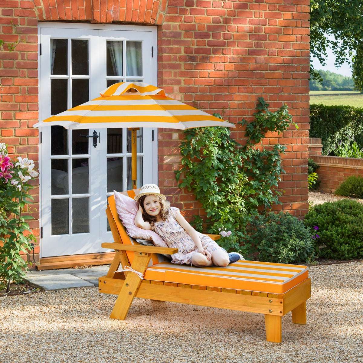 LIVSK Buiten Ligstoel voor Kinderen - Massief Sparrenhout - Verstelbare Parasol - Comfortabele Kussens - Geschikt voor Binnen en