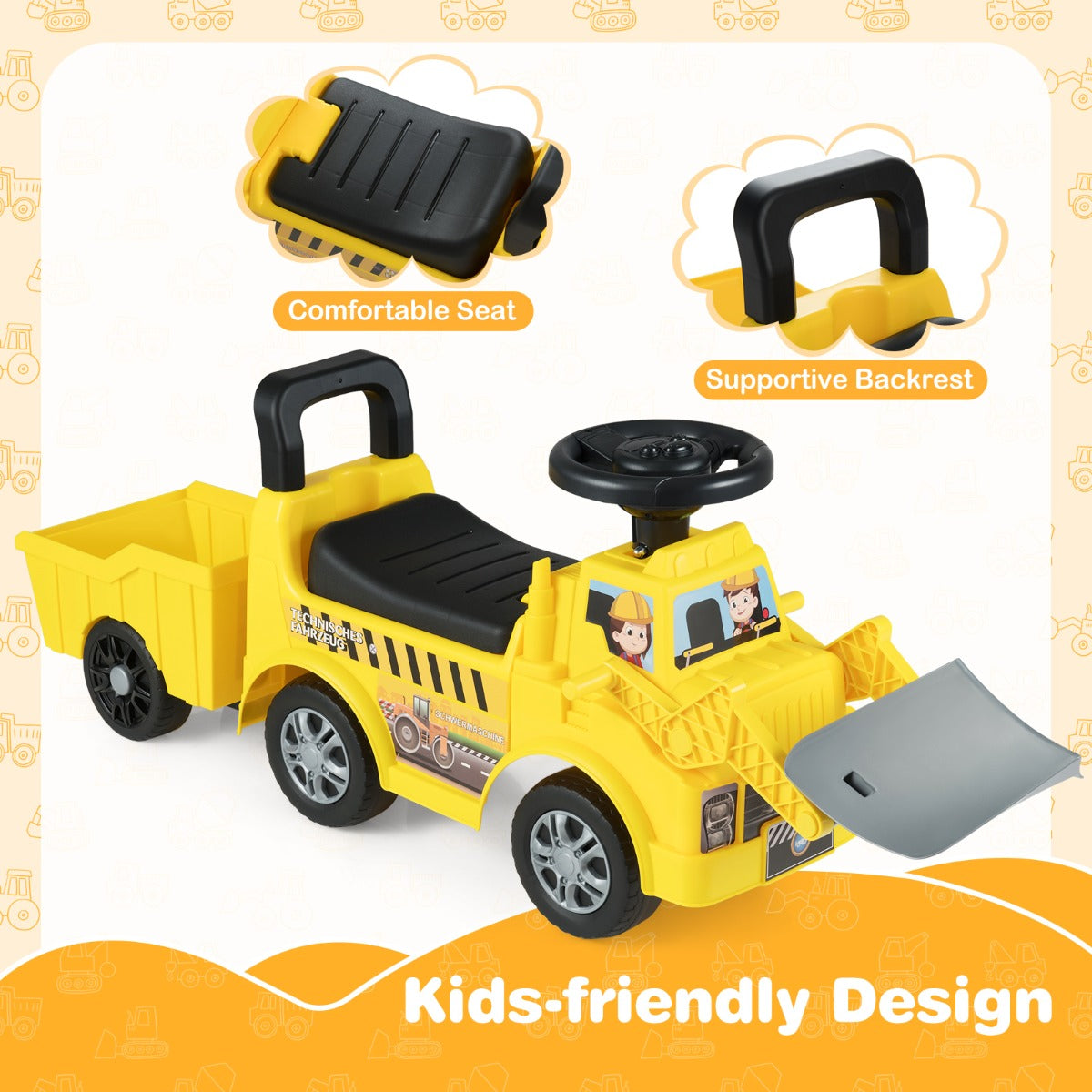 Livsk costway kinderloopfiets met aanhanger en schep kinder speelgoedauto 3