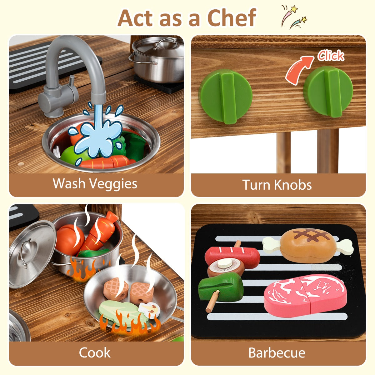 LIVSK Dubbele Modderkeuken - Houten Speelkeuken met BBQ-Grill - Inclusief Kookaccessoires - Voor Kinderen vanaf 3 jaar - Bruin