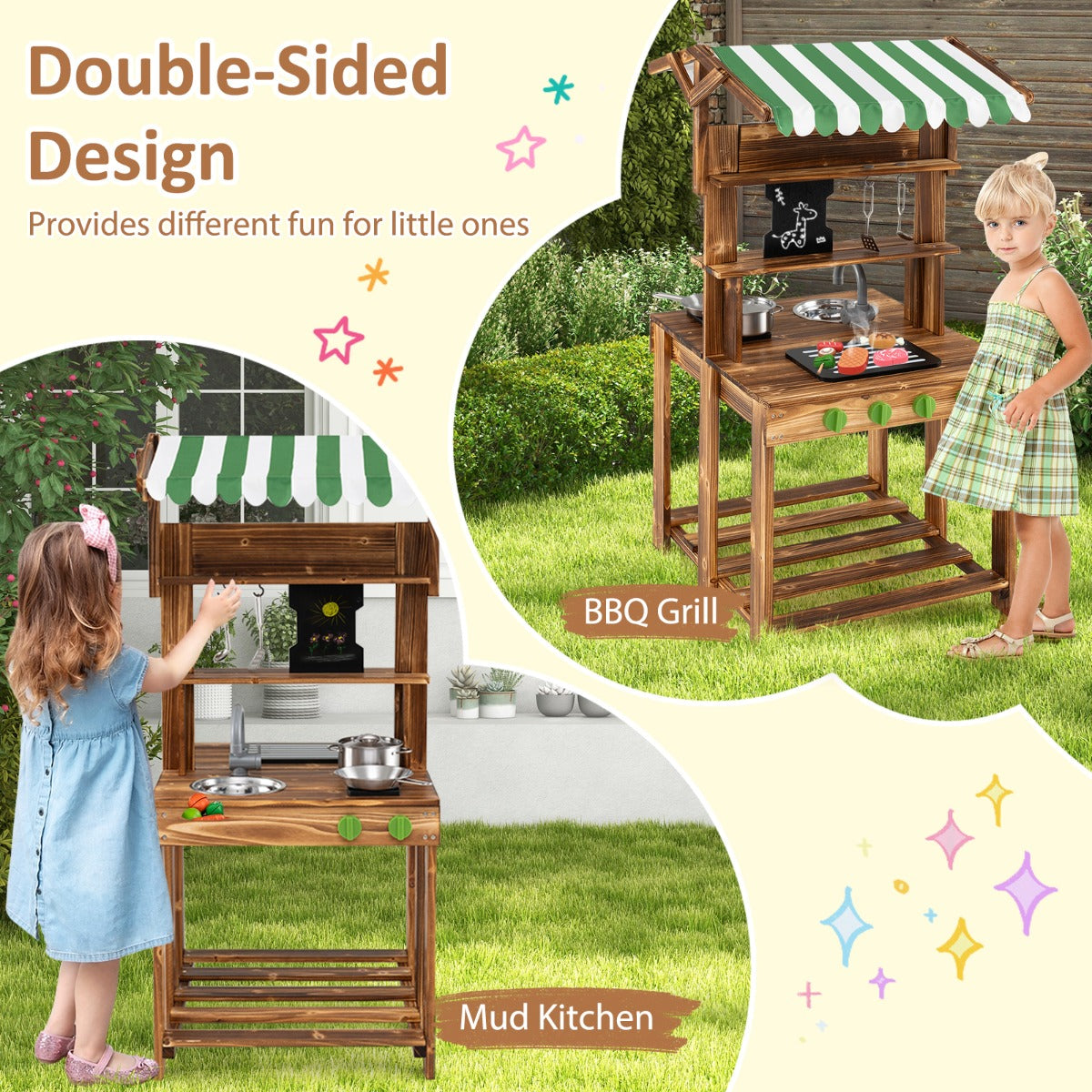 LIVSK Dubbele Modderkeuken - Houten Speelkeuken met BBQ-Grill - Inclusief Kookaccessoires - Voor Kinderen vanaf 3 jaar - Bruin