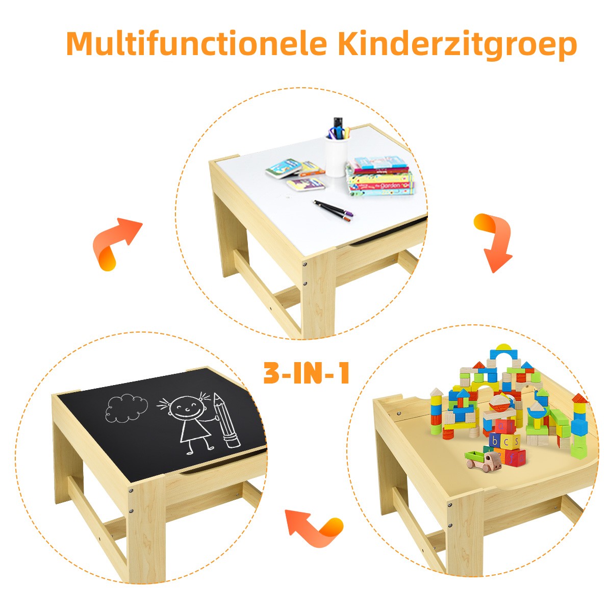LIVSK Kindertafelset - 2-in-1 Tafelblad met Whiteboard en Schoolbord - Ergonomisch - Opbergruimte in Stoelen - Natuur