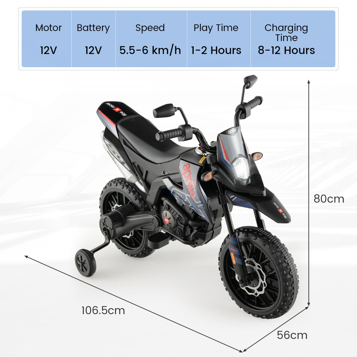 LIVSK Aprilia Kindermotorfiets - Draadloze Muziek - Stabiele Structuur - 5,5-6 km/u - Geschikt voor 3-8 jaar - Blauw