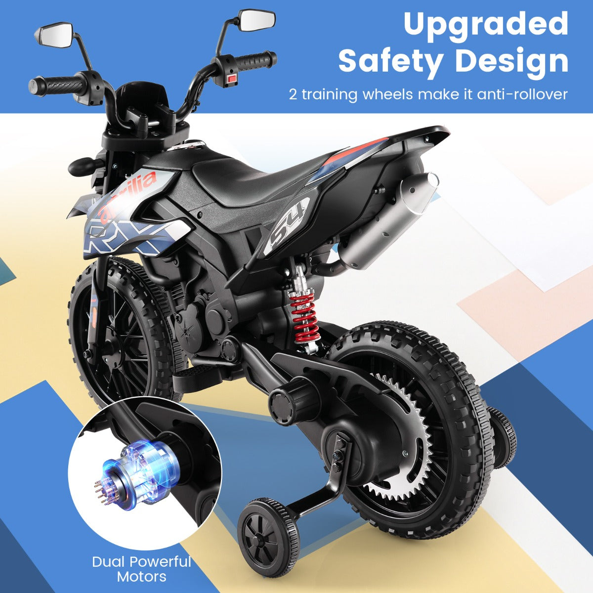 LIVSK Aprilia Kindermotorfiets - Draadloze Muziek - Stabiele Structuur - 5,5-6 km/u - Geschikt voor 3-8 jaar - Blauw