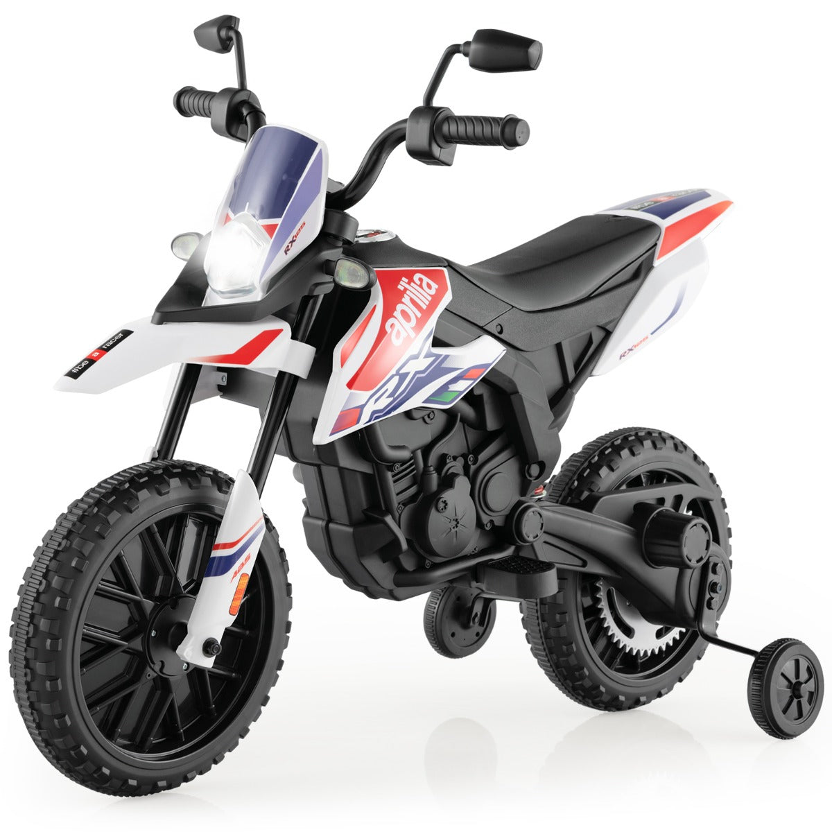 LIVSK Kindermotorfiets met Aprilia-licentie - 2 Motoren - 5,5-6 km/u - USB en Draadloze Muziek - Vering en Steunwielen - Wit