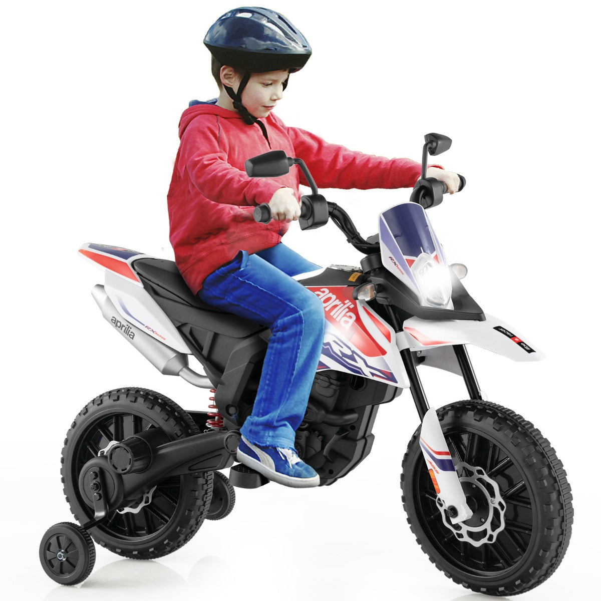 LIVSK Kindermotorfiets met Aprilia-licentie - 2 Motoren - 5,5-6 km/u - USB en Draadloze Muziek - Vering en Steunwielen - Wit