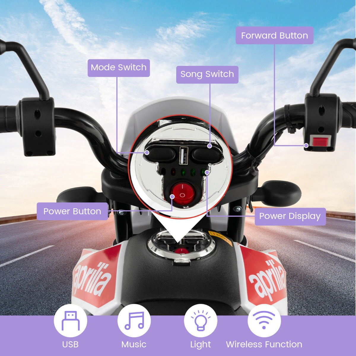 LIVSK Kindermotorfiets met Aprilia-licentie - 2 Motoren - 5,5-6 km/u - USB en Draadloze Muziek - Vering en Steunwielen - Wit