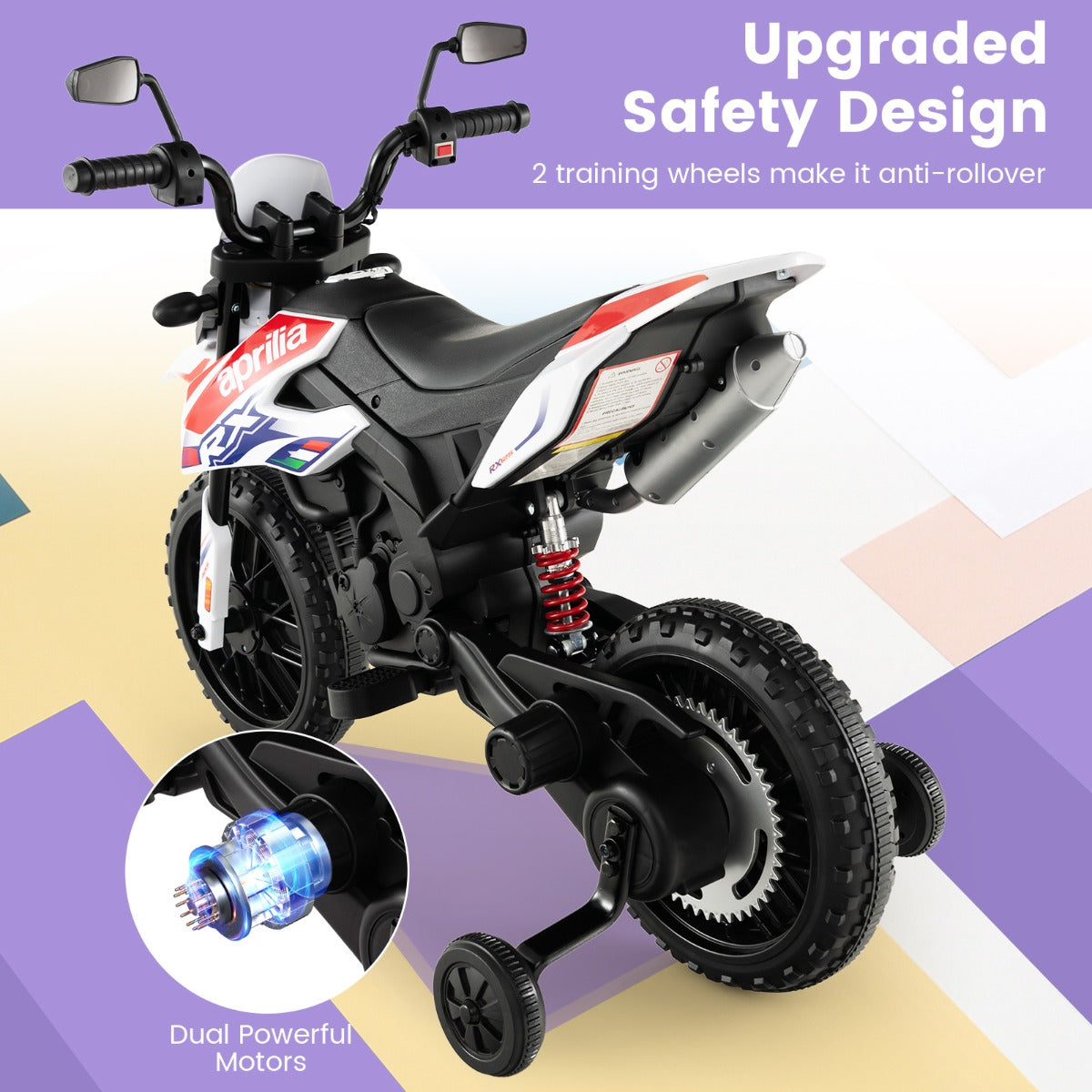 LIVSK Kindermotorfiets met Aprilia-licentie - 2 Motoren - 5,5-6 km/u - USB en Draadloze Muziek - Vering en Steunwielen - Wit