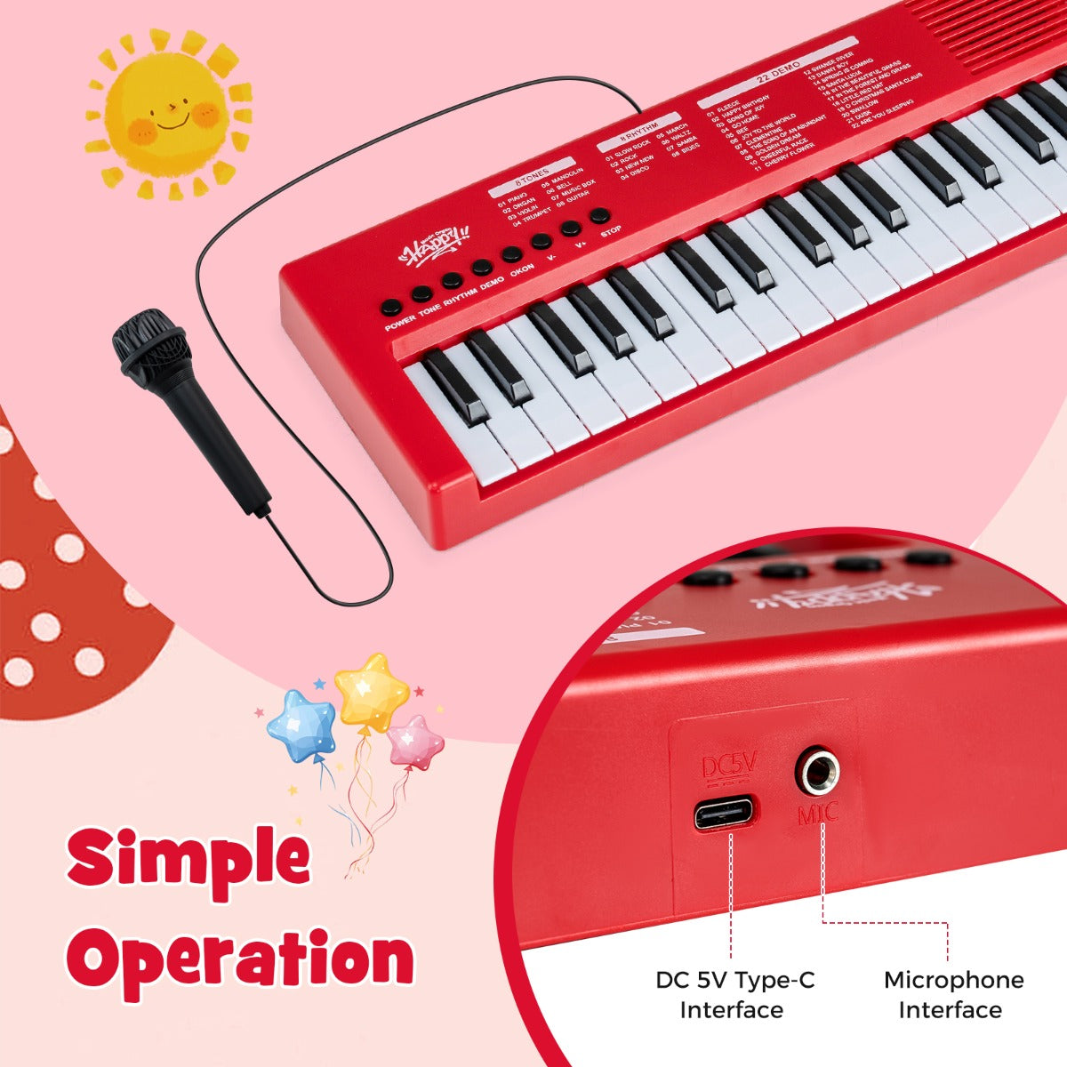 Livsk costway kinderpianoklavier draagbare elektronische piano met 37 toetsen 8 ritmes 8 tonen en 22 demosongs rood 4