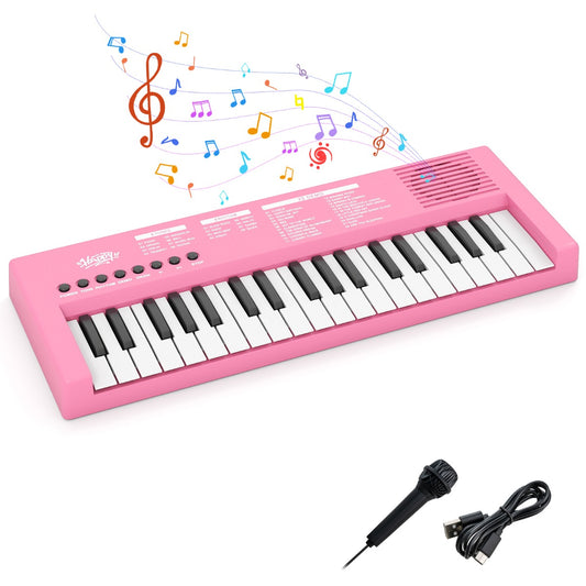 Livsk costway kinderpianoklavier draagbare elektronische piano met 37 toetsen 8 ritmes 8 tonen en 22 demosongs roze