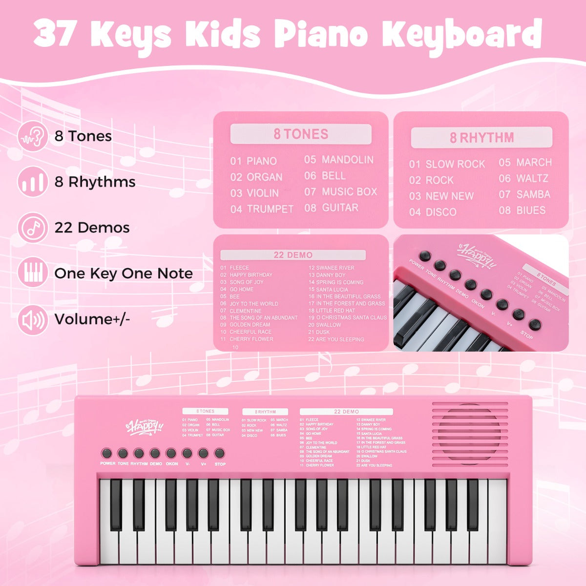 Livsk costway kinderpianoklavier draagbare elektronische piano met 37 toetsen 8 ritmes 8 tonen en 22 demosongs roze 2