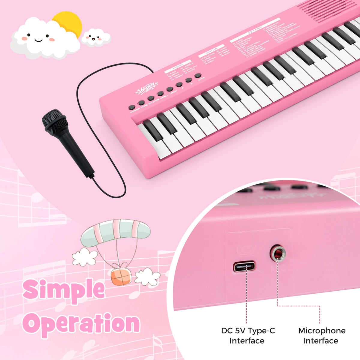 Livsk costway kinderpianoklavier draagbare elektronische piano met 37 toetsen 8 ritmes 8 tonen en 22 demosongs roze 5