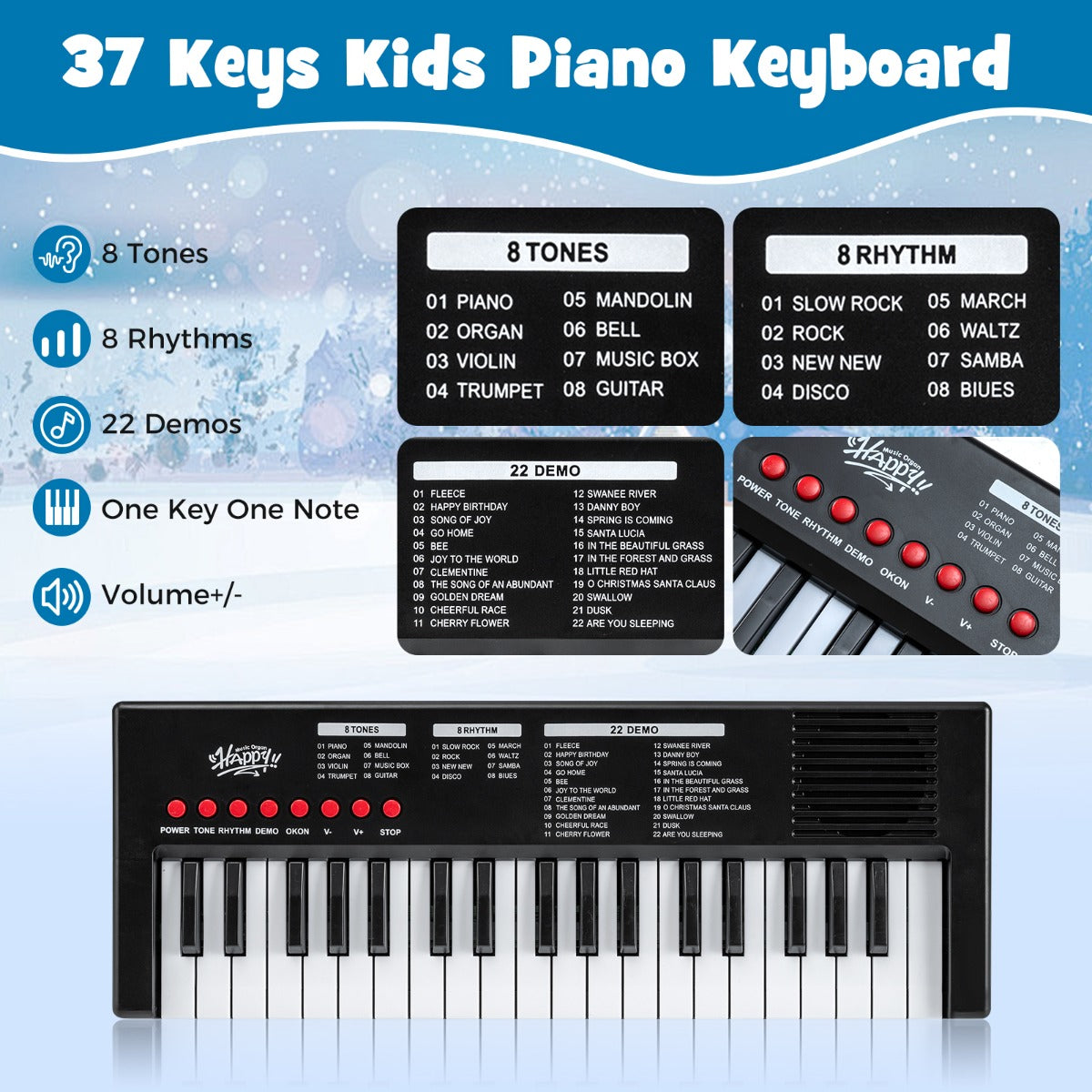 Livsk costway kinderpianoklavier draagbare elektronische piano met 37 toetsen 8 ritmes 8 tonen en 22 demosongs zwart 2