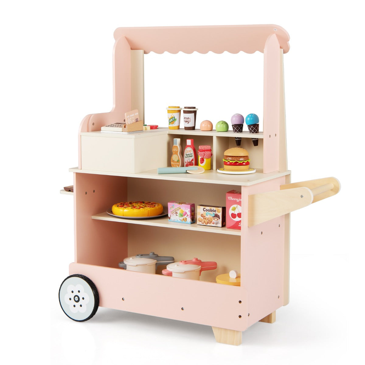 Livsk costway kinderpizza food truck houten snackwagen om mee te rollenspelen met oven magnetisch bord ijsjes kassa winkelverkoopkraam op wielen 1
