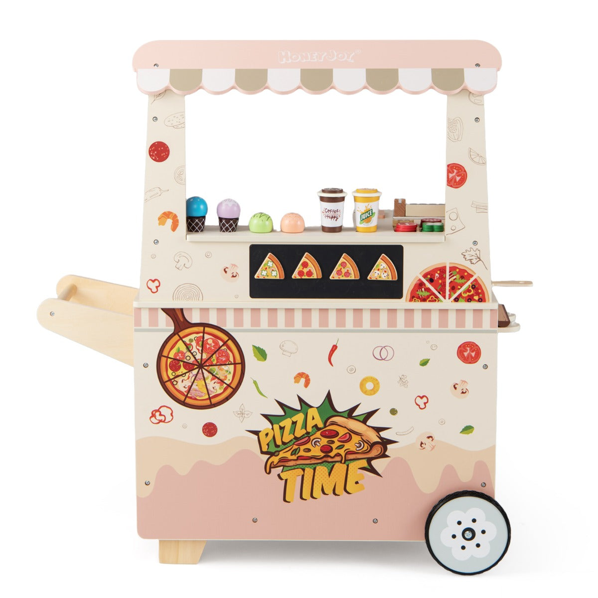 Livsk costway kinderpizza food truck houten snackwagen om mee te rollenspelen met oven magnetisch bord ijsjes kassa winkelverkoopkraam op wielen