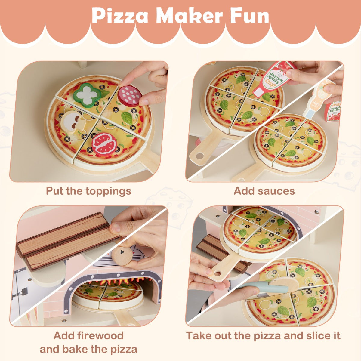 Livsk costway kinderpizza food truck houten snackwagen om mee te rollenspelen met oven magnetisch bord ijsjes kassa winkelverkoopkraam op wielen