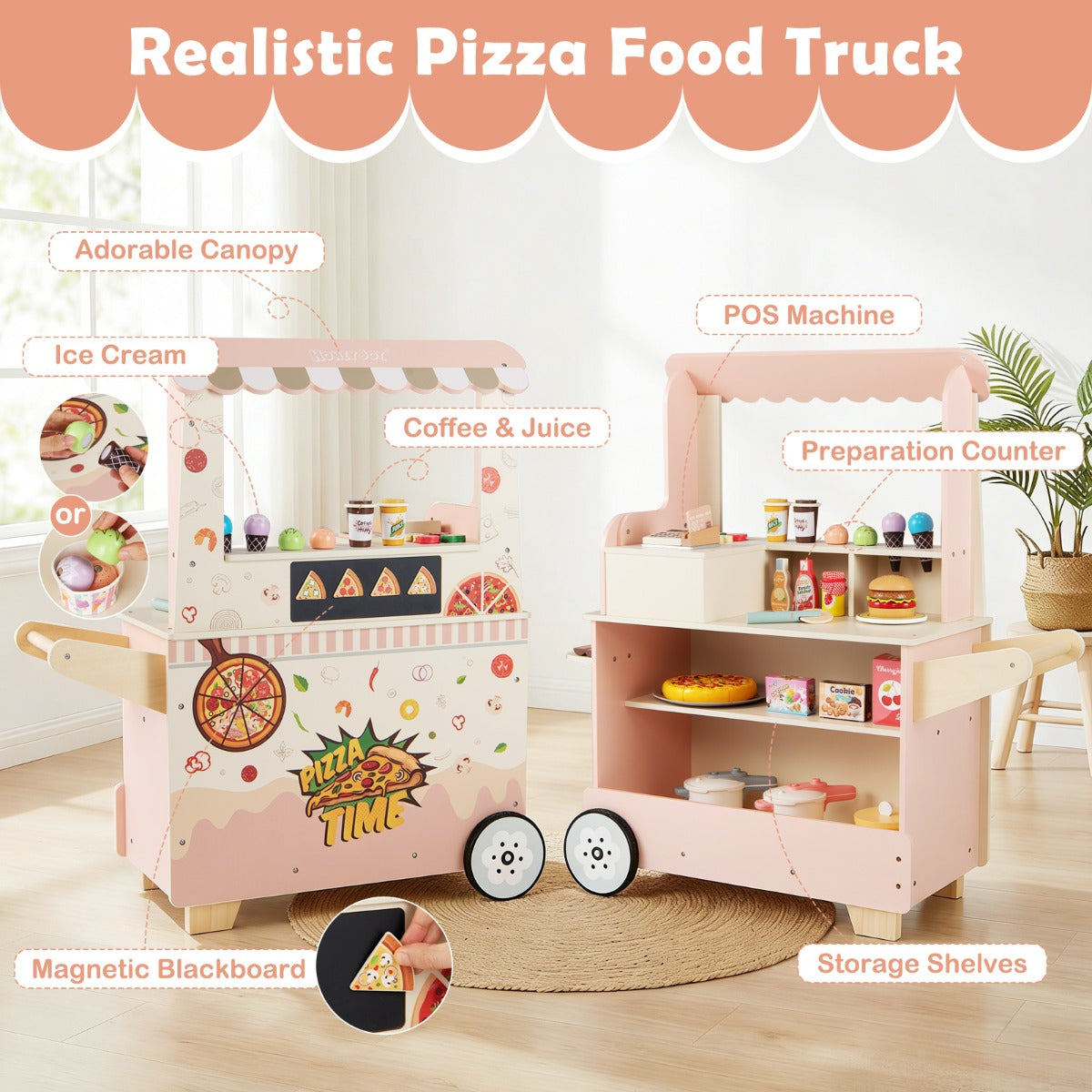 Livsk costway kinderpizza food truck houten snackwagen om mee te rollenspelen met oven magnetisch bord ijsjes kassa winkelverkoopkraam op wielen