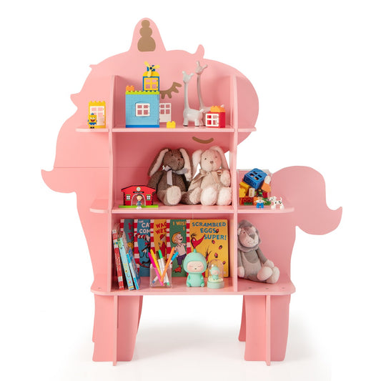LIVSK Kinderboekenkast - 3 Open Planken - Anti-kantelstructuur - Kindvriendelijke Hoogte - Schattig Eenhoorn Design - Roze