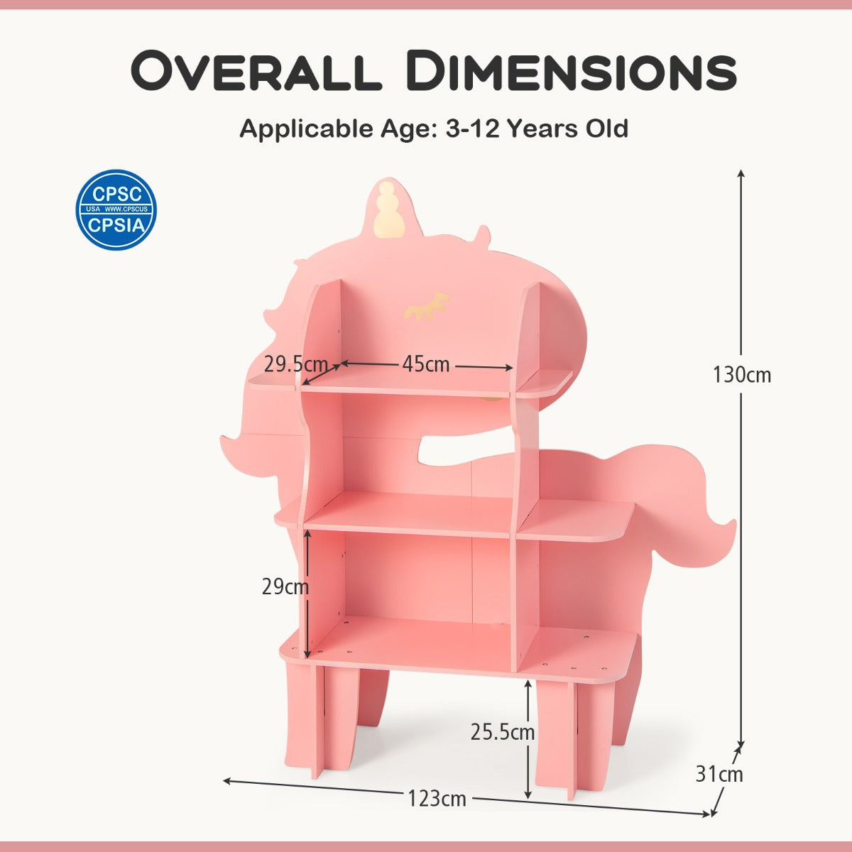 LIVSK Kinderboekenkast - 3 Open Planken - Anti-kantelstructuur - Kindvriendelijke Hoogte - Schattig Eenhoorn Design - Roze