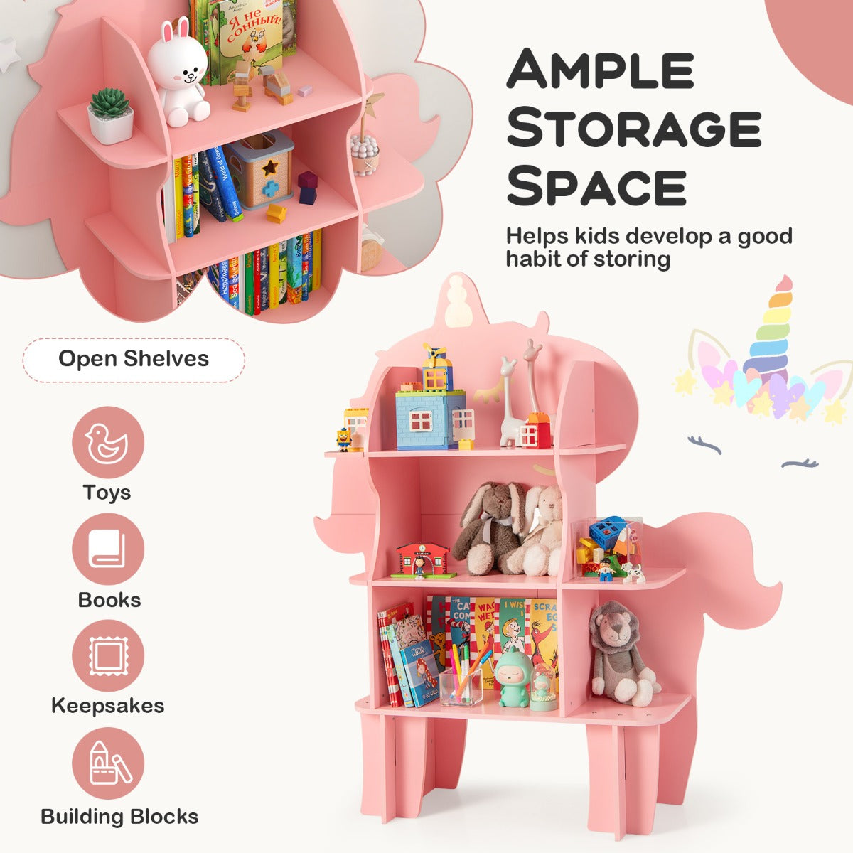 LIVSK Kinderboekenkast - 3 Open Planken - Anti-kantelstructuur - Kindvriendelijke Hoogte - Schattig Eenhoorn Design - Roze