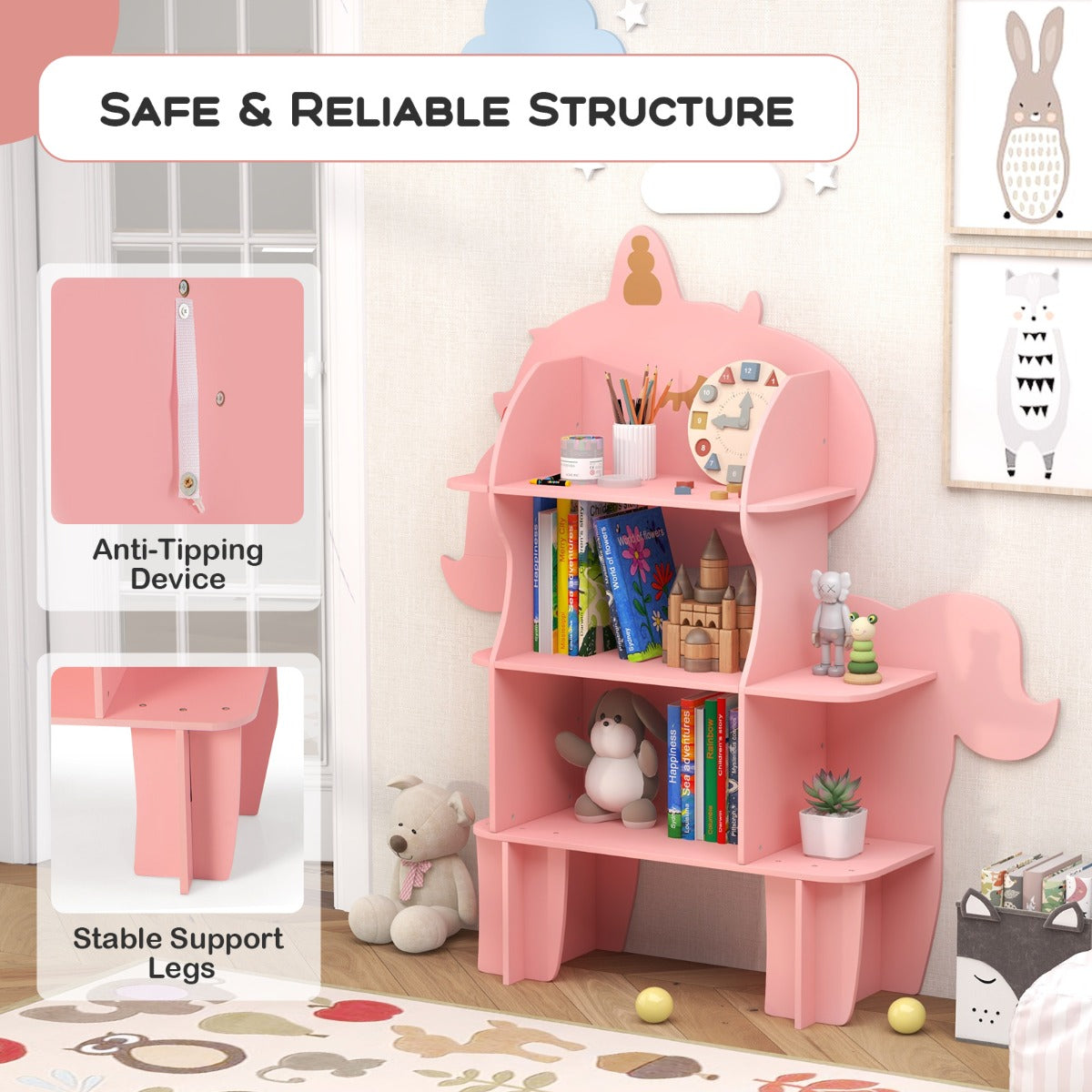 LIVSK Kinderboekenkast - 3 Open Planken - Anti-kantelstructuur - Kindvriendelijke Hoogte - Schattig Eenhoorn Design - Roze
