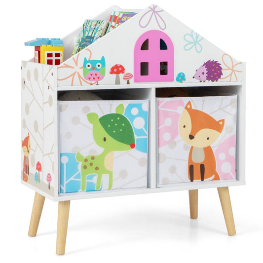 LIVSK Kinderboekenkast met Opbergbakken - 4 Vakken en 2 Open Planken - Verhoogde Houten Poten - Antislip - 62 x 30 x 72 cm - Wit