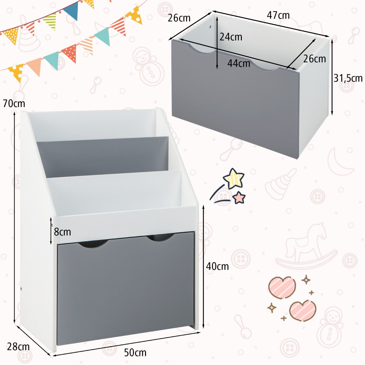 LIVSK Kinderboekenkast en Speelgoedkist - Drie Niveaus - Wielen - Kantelbeveiliging - Voor 3-6 Jaar - Grijs + Wit