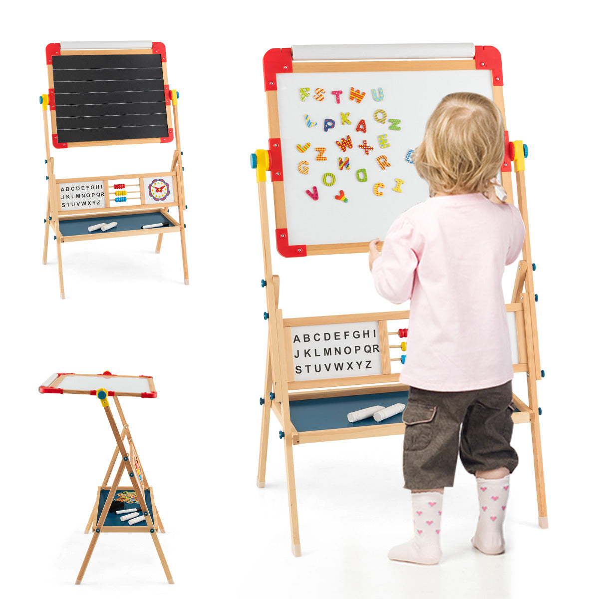 LIVSK Houten Kunstezel 3-in-1 - Dubbelzijdig Tekenbord met Papierrol - Educatief en Creatief - Voor Kinderen vanaf 3 jaar - Natuur